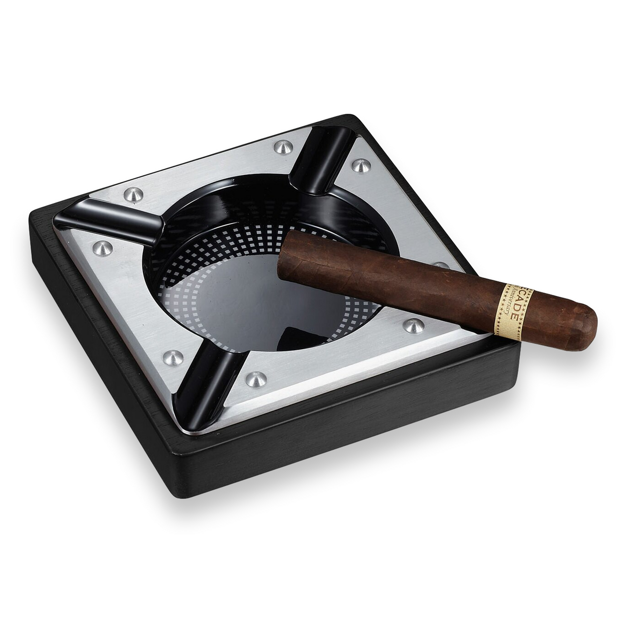 Visol Iris Metal and Wood 4-Cigar Ashtray - Black Matte - Exterior Front with Cigar