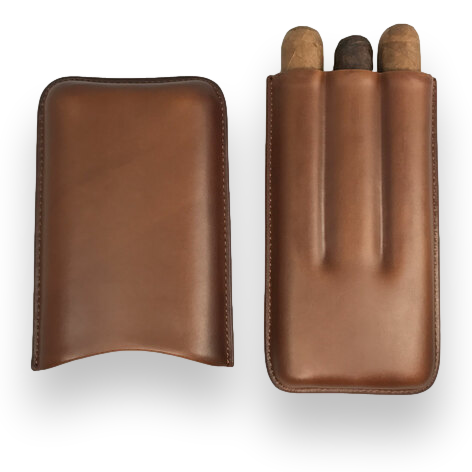 Visol Legend Brown Leather 3-Finger Cigar Case - without Logo  - Exterior Top Open