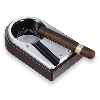 Visol Lock Metal and Wood 2-Cigar Ashtray  - Exterior Front with Cigar
