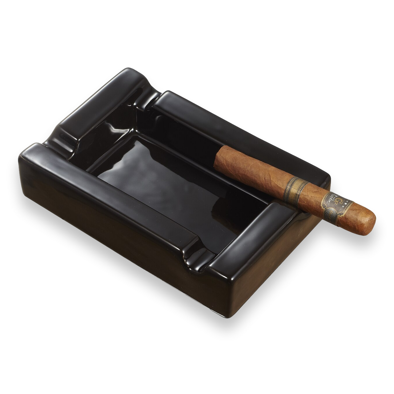 Visol Rectangular Black Ceramic 4-Cigar Ashtray  - Exterior Front with Cigar