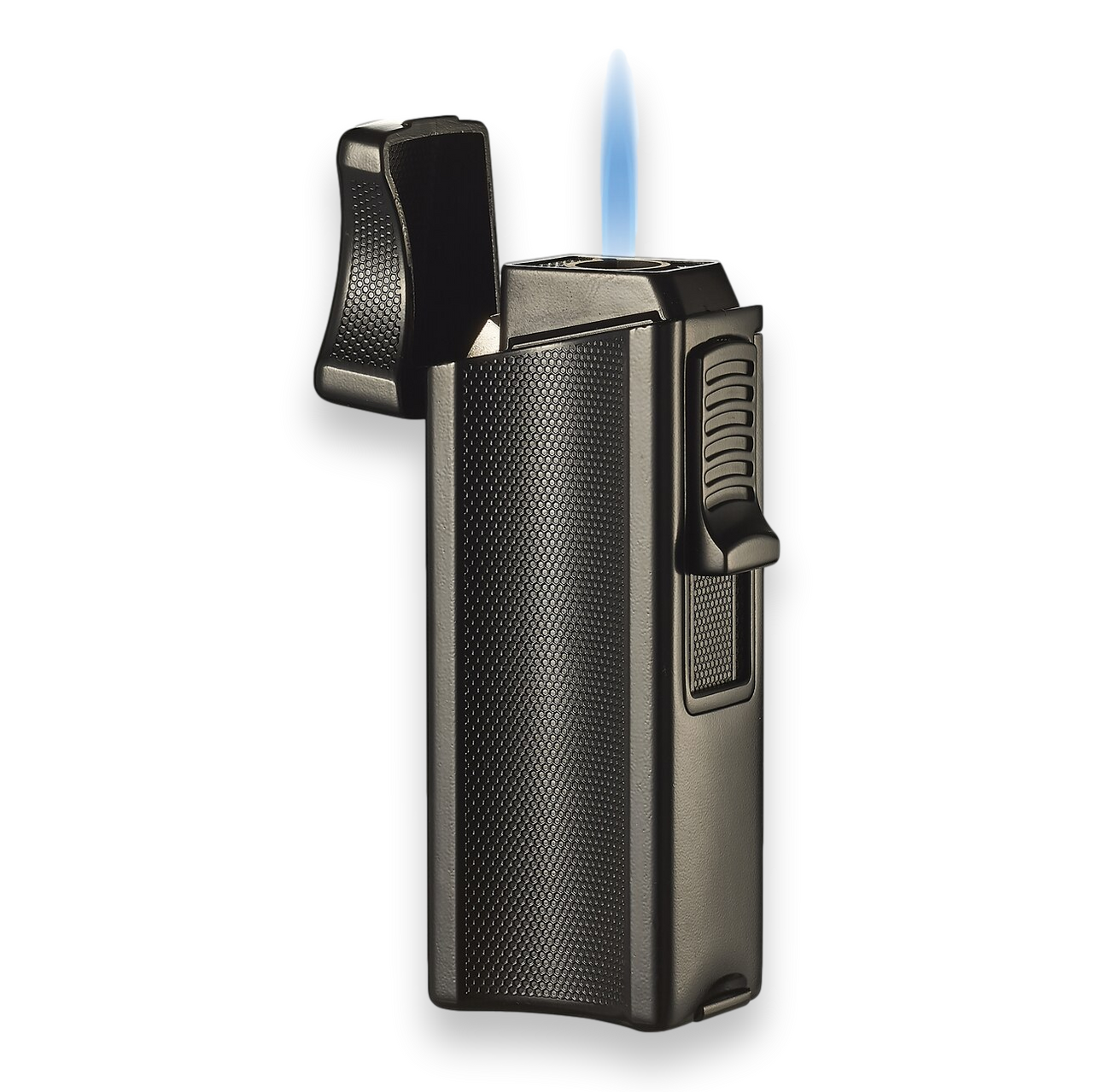 Visol Ridge Torch Flame Single Jet Cigar Lighter - Black - Exterior Front with Flame
