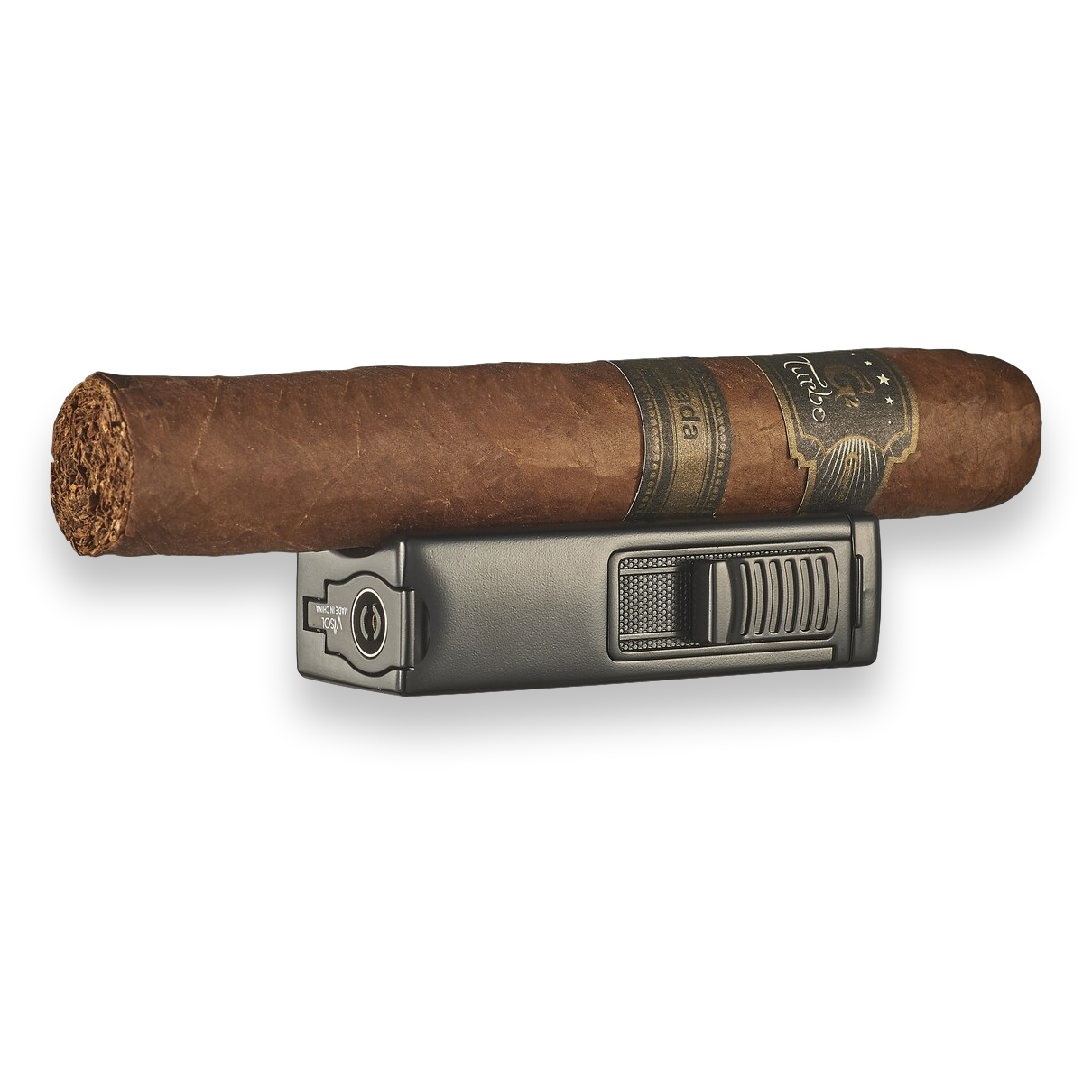 Visol Ridge Torch Flame Single Jet Cigar Lighter - Black - Exterior Side with Cigar