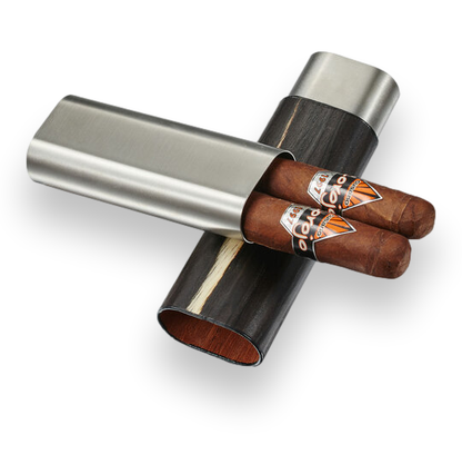 Visol Ryland Wood and Metal 2-Finger Cigar Case - Dark Exotic Wood and Stainless Steel - Exterior Front Open with Cigars