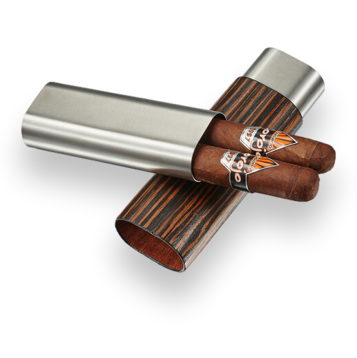Visol Ryland Wood and Metal 2-Finger Cigar Case - Ebony Wood and Stainless Steel - Exterior Front Open with Cigars
