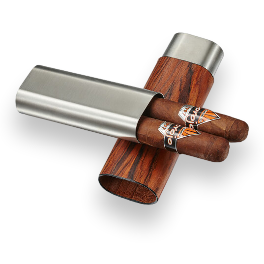 Visol Ryland Wood and Metal 2-Finger Cigar Case - Natural Wood and Stainless Steel - Exterior Front Open with Cigars