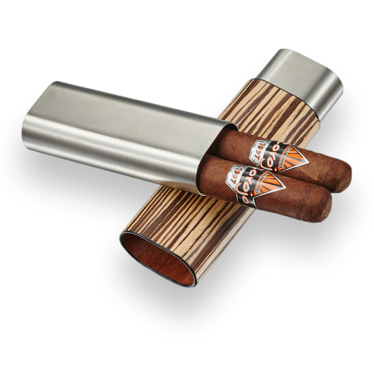Visol Ryland Wood and Metal 2-Finger Cigar Case - Zebrawood and Stainless Steel - Exterior Front Open with Cigars