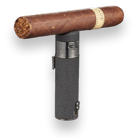Visol Saddle Torch Flame Triple Jet Cigar Lighter - Black Matte - Exterior Front with Cigar