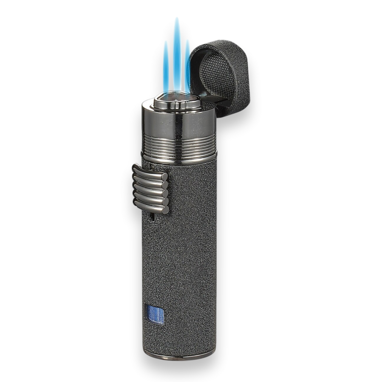 Visol Saddle Torch Flame Triple Jet Cigar Lighter - Black Matte - Exterior Front with Flame