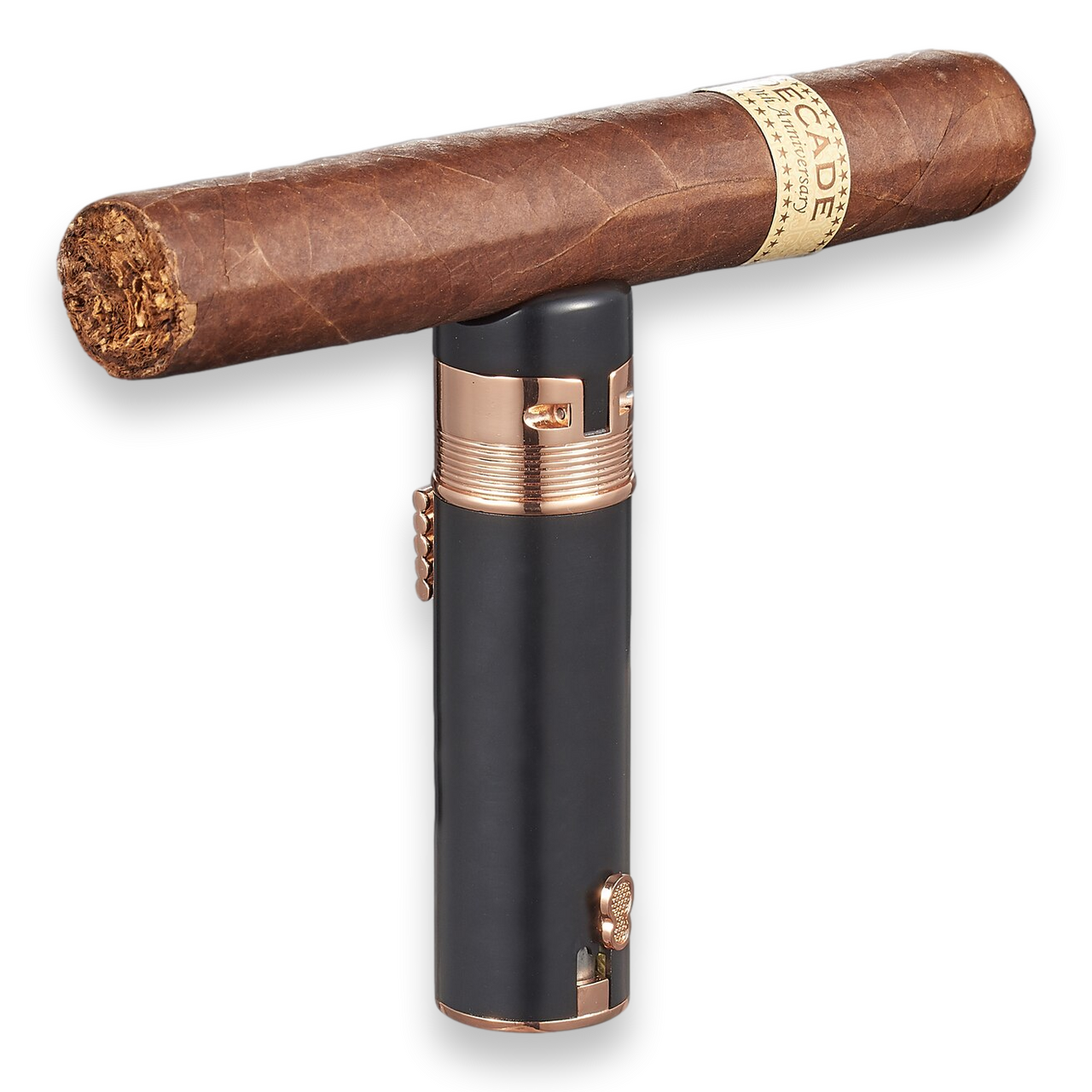 Visol Saddle Torch Flame Triple Jet Cigar Lighter - Black and Rose Gold - Exterior Front with Cigar
