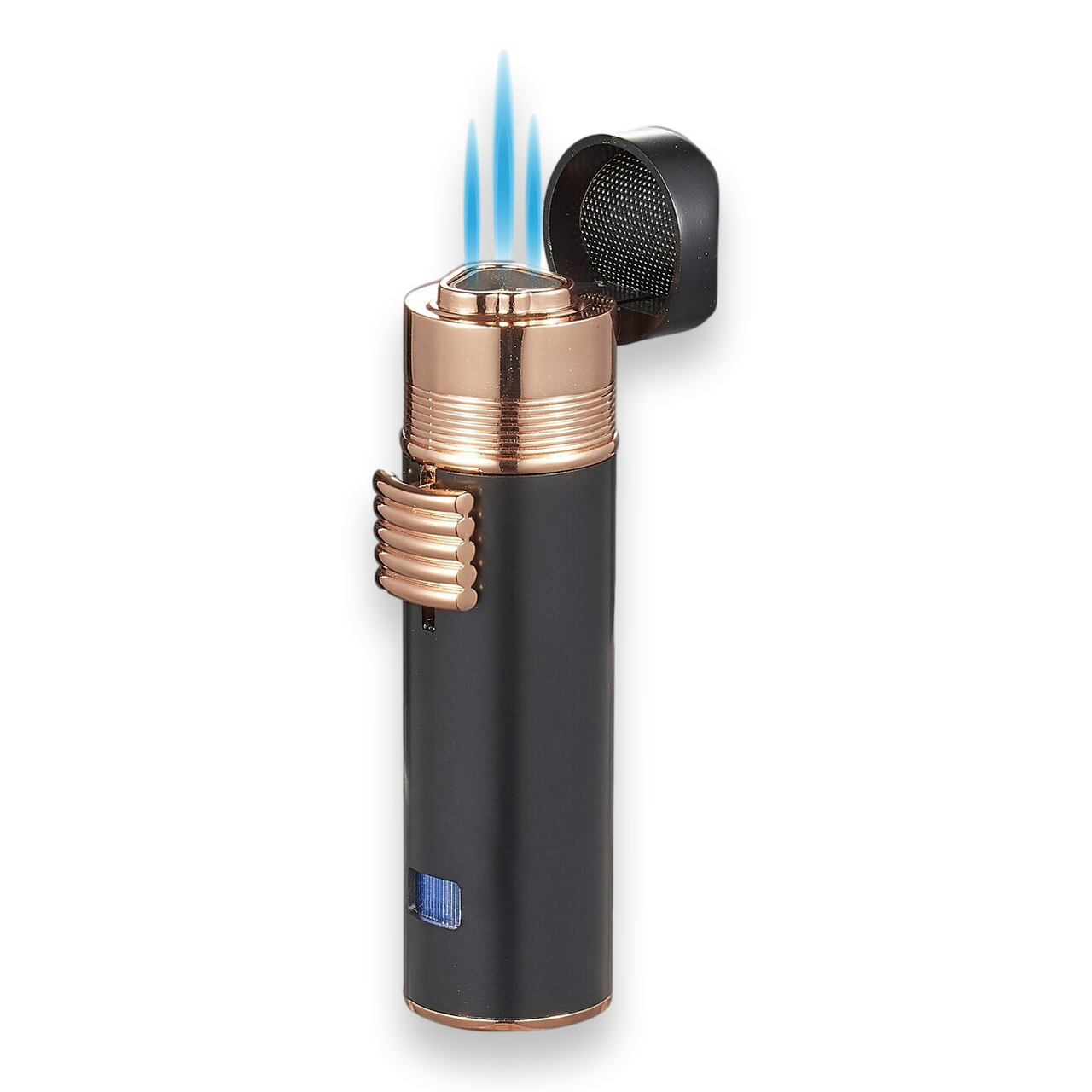 Visol Saddle Torch Flame Triple Jet Cigar Lighter - Black and Rose Gold - Exterior Front with Flame