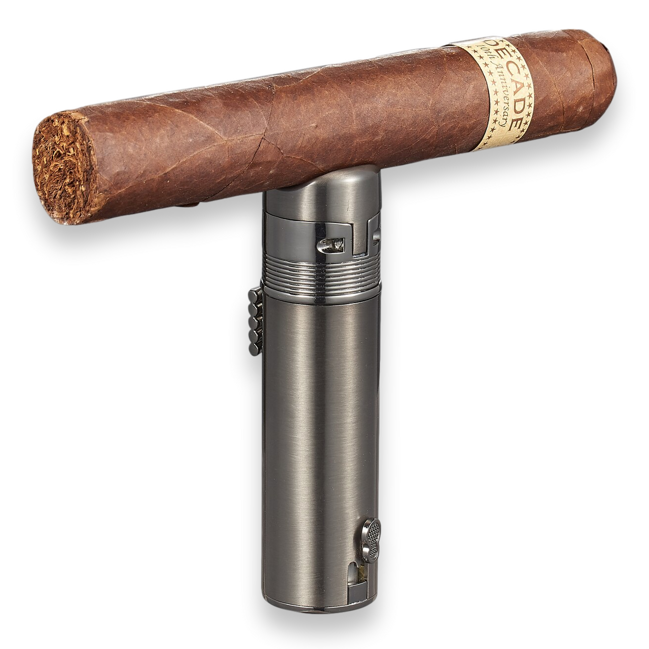 Visol Saddle Torch Flame Triple Jet Cigar Lighter - Gunmetal - Exterior Front with Cigar