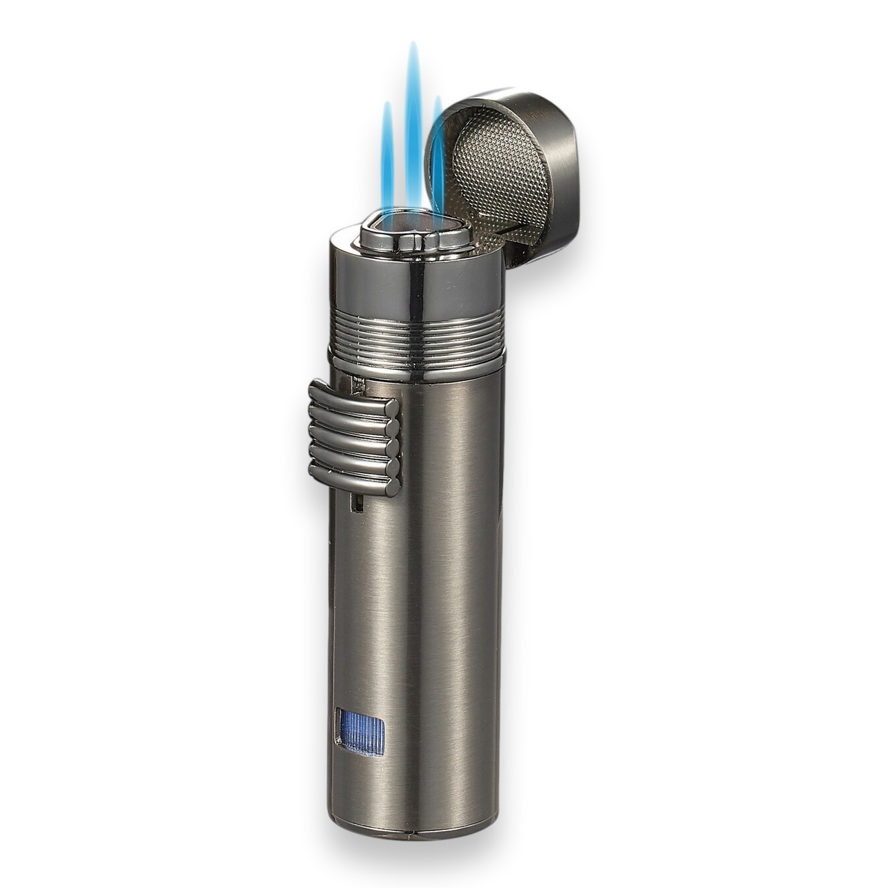 Visol Saddle Torch Flame Triple Jet Cigar Lighter - Gunmetal - Exterior Front with Flame