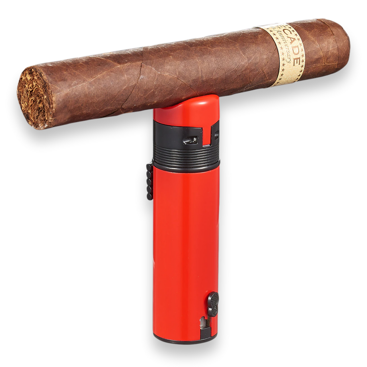 Visol Saddle Torch Flame Triple Jet Cigar Lighter - Red - Exterior Front with Cigar