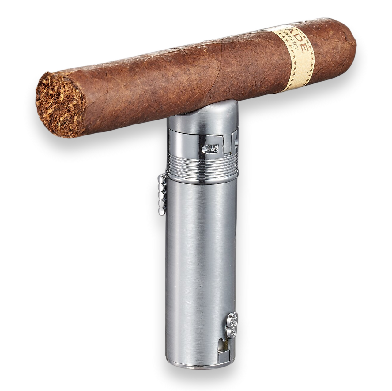 Visol Saddle Torch Flame Triple Jet Cigar Lighter - Silver - Exterior Front with Cigar