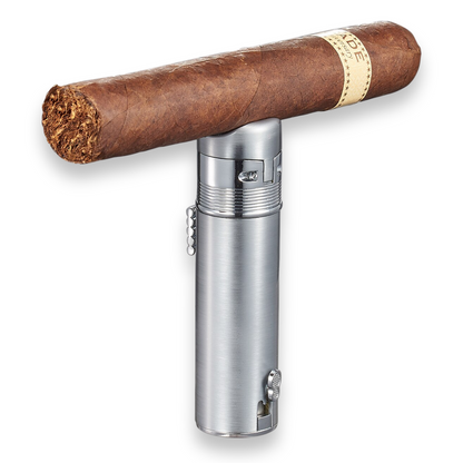 Visol Saddle Torch Flame Triple Jet Cigar Lighter - Silver - Exterior Front with Cigar