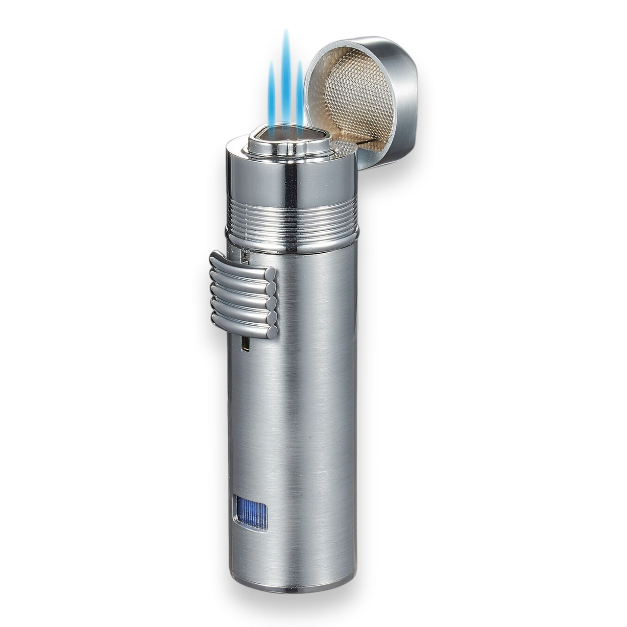 Visol Saddle Torch Flame Triple Jet Cigar Lighter - Silver - Exterior Front with Flame
