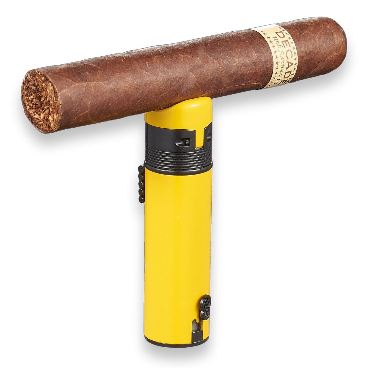 Visol Saddle Torch Flame Triple Jet Cigar Lighter - Yellow - Exterior Front with Cigar