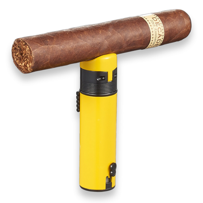 Visol Saddle Torch Flame Triple Jet Cigar Lighter - Yellow - Exterior Front with Cigar
