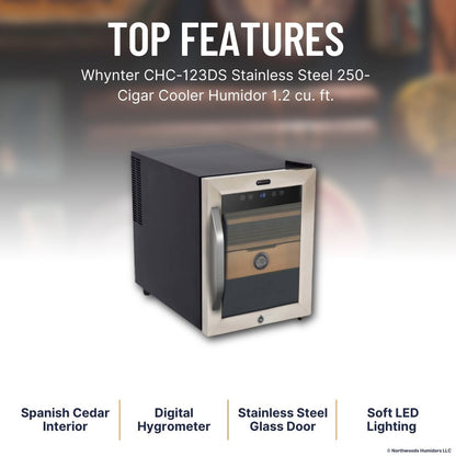 Whynter CHC-123DS Stainless Steel 250-Cigar Cooler Humidor 1.2 cu. ft.