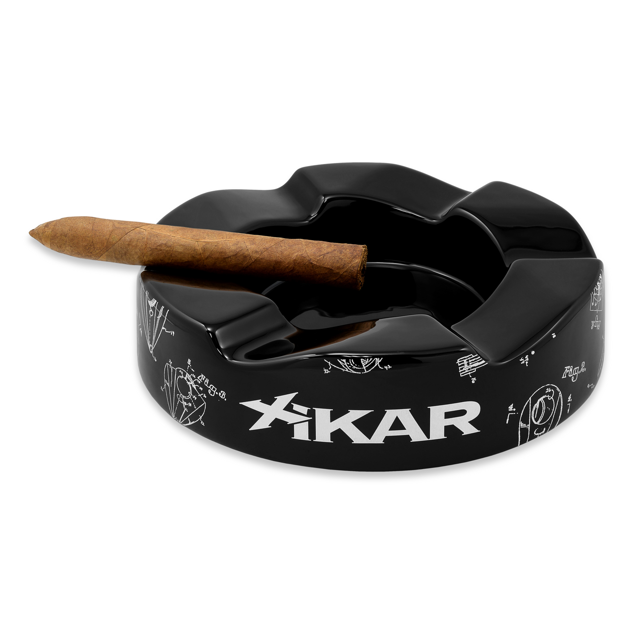 Xikar Wave Ceramic 6-Cigar Ashtray - Black - Exterior Front with Cigar