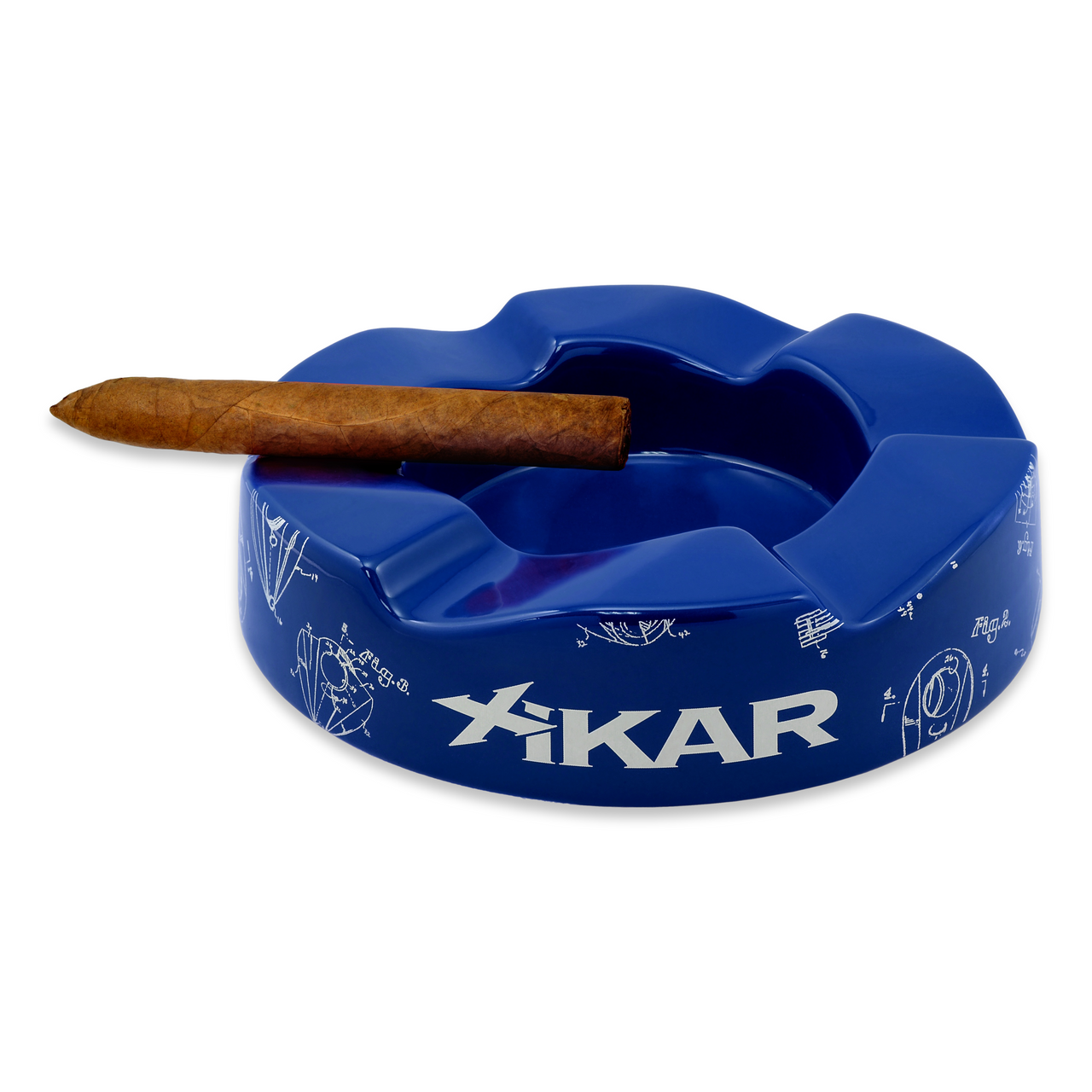 Xikar Wave Ceramic 6-Cigar Ashtray - Blue - Exterior Front with Cigar