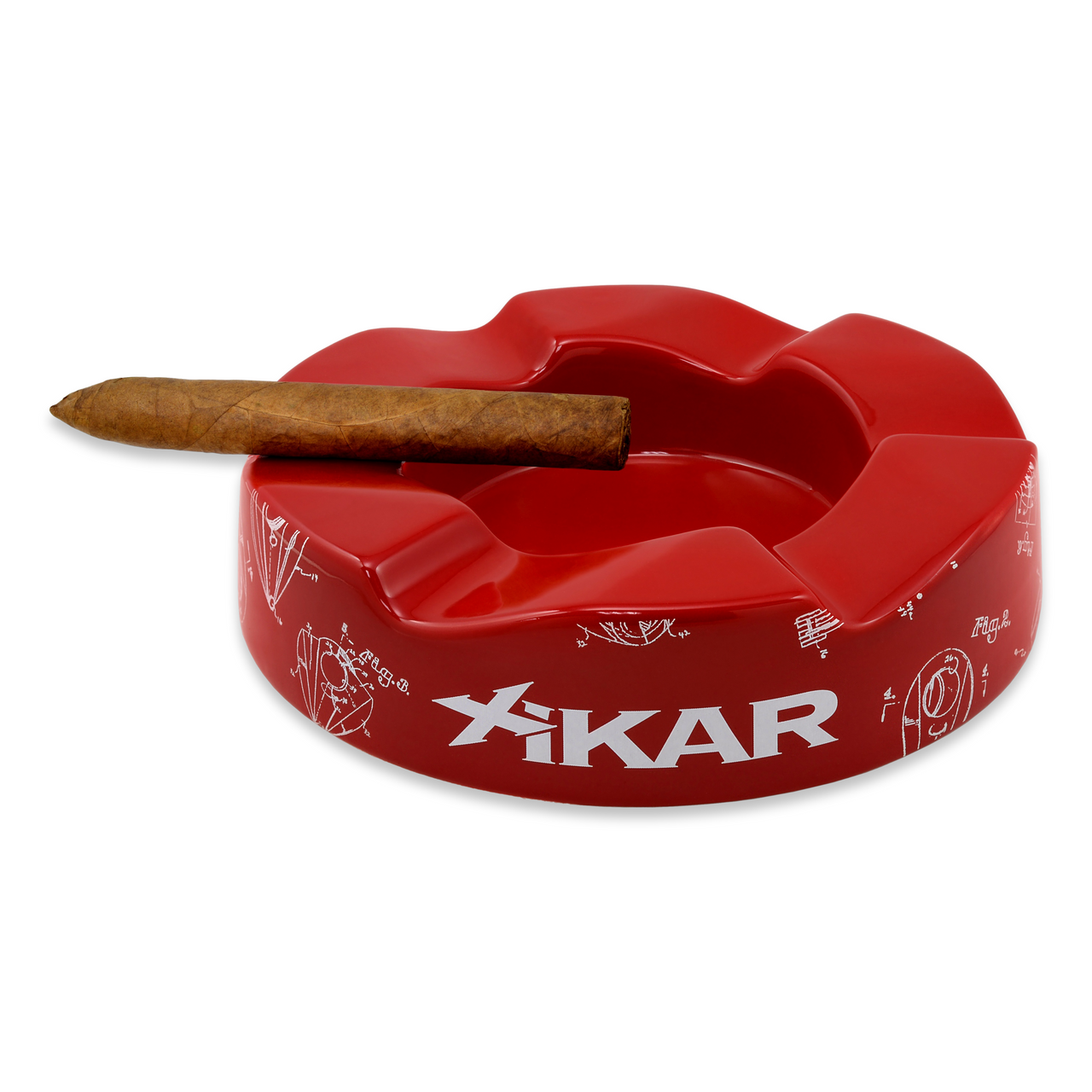 Xikar Wave Ceramic 6-Cigar Ashtray - Red - Exterior Front with Cigar