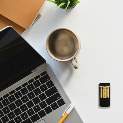 Xikar Meridian Triple Soft Flame Cigar Lighter - Black and Gold - Lay Flat