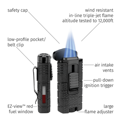 Xikar Tactical 3 Torch Flame Triple Jet Cigar Lighter - Gunmetal and Black - Top Features