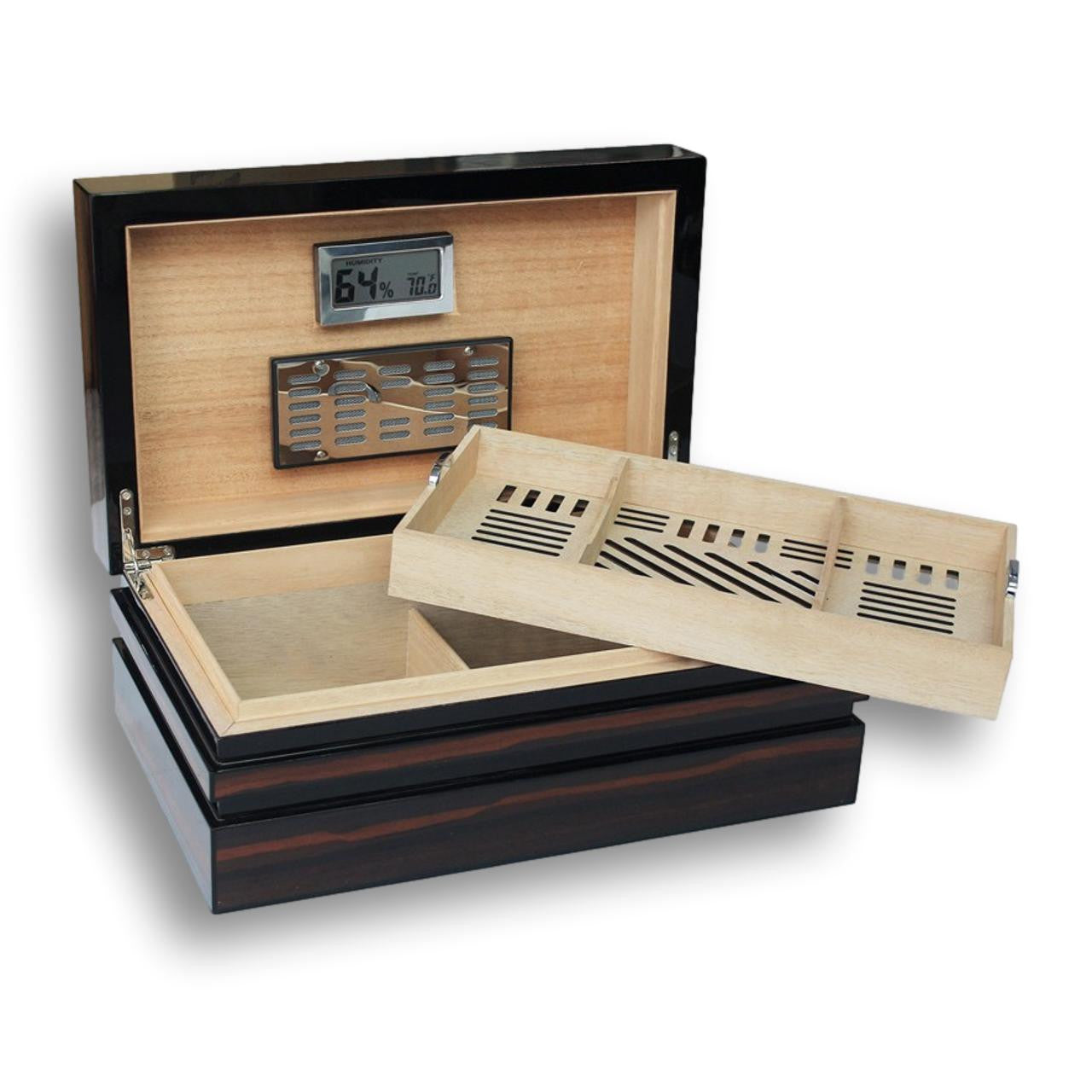 Prestige Bastionbloc 120-Cigar Desktop Humidor -  Lid Flipped Open with Removed Tray